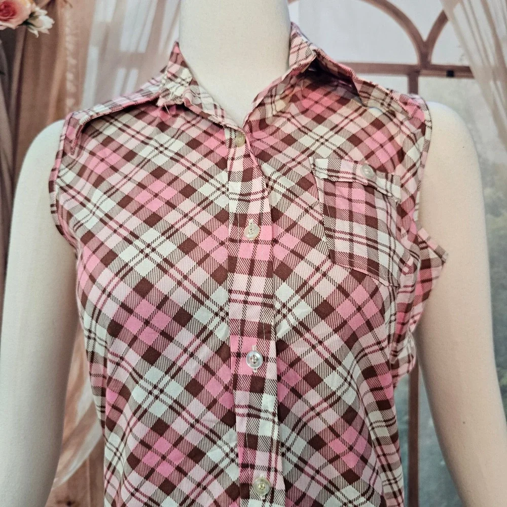 Vintage 1970s Pink Brown Plaid Sleeveless Button Down Shirt Pointed Collar - Picture 3 of 10